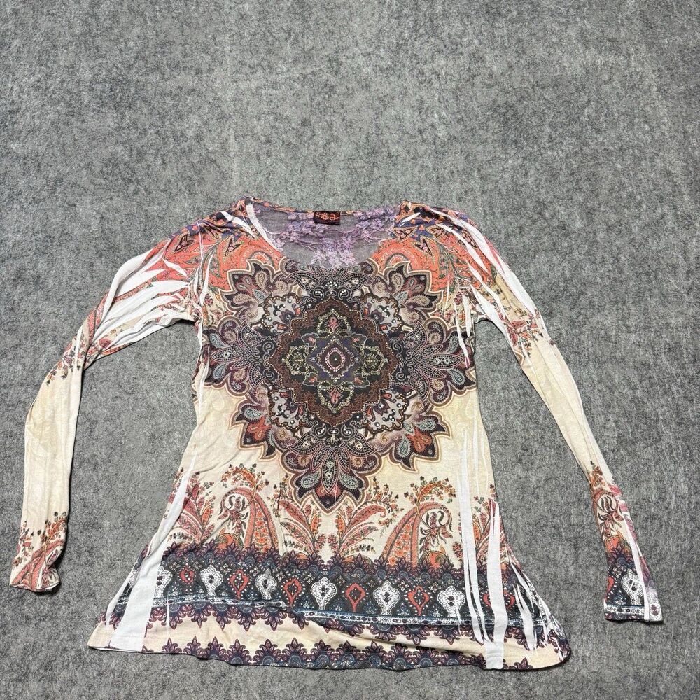 Vtg 90s Red Ranch Women L Beaded Mesh Lace Top Whimsygoth Western Made in USA